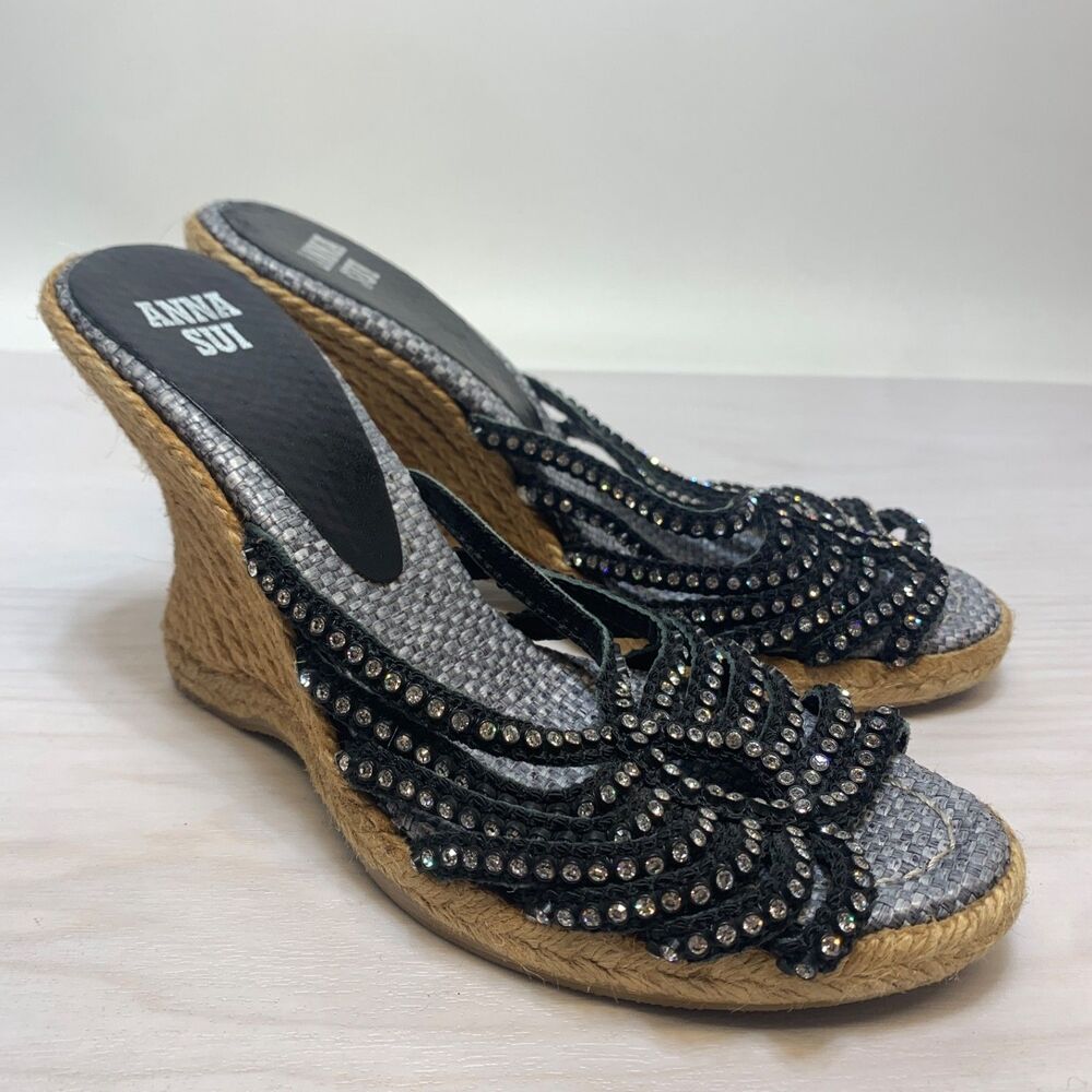 Anna Sui pink suede espadrille wedge knot sandals with a cherry‎ charm sz 38